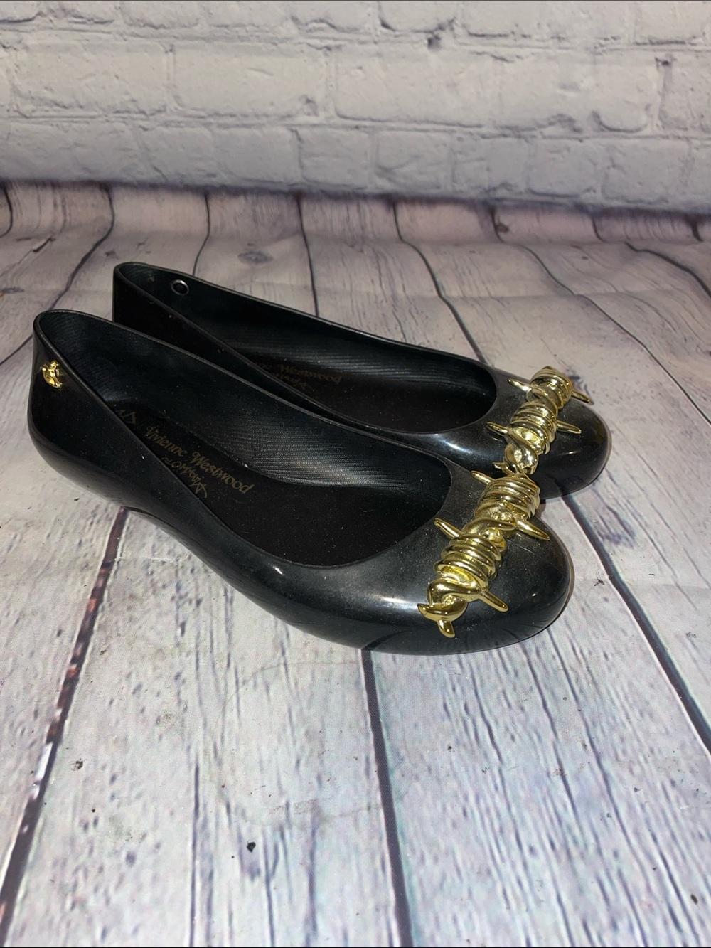 Vivienne Westwood Black Ballet Flats with Gold Barbed Wire Detail
